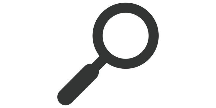 Black magnifying glass icon tool for search discovery and inspection.