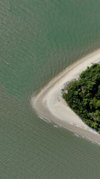 Florian&oacute;polis, Daniela Beach. Aerial View of Tropical Coastline. Establishing Shot. Santa Catarina, Brazil. Vertical video