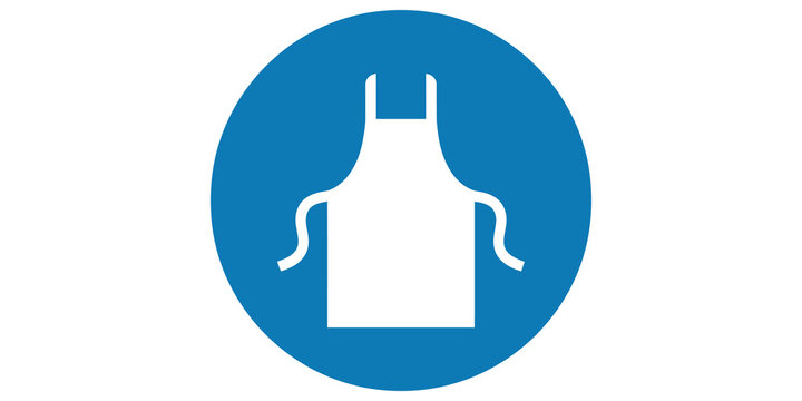 Blue circular mandatory sign indicates protective apron must be worn.