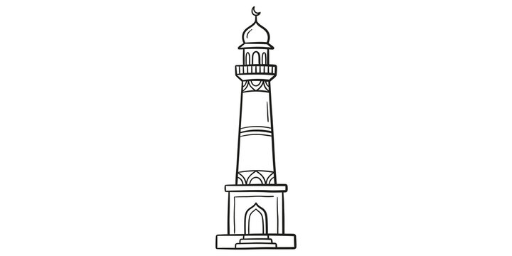 Tall minaret tower sketch icon black line drawing historic landmark art.