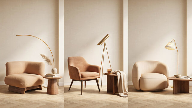 Three living room scenes with comfortable armchairs and side tables in a neutral color palette