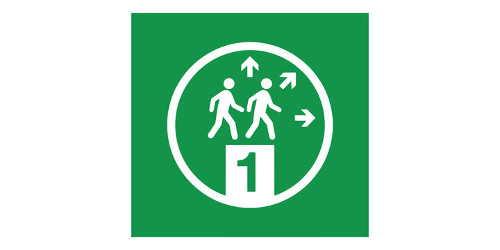 Green muster point assembly sign for emergency evacuation procedures.