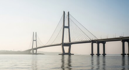 Fototapeta premium Majestic cable-stayed bridge spanning across calm waters under a hazy sky, representing global infrastructure and connectivity.