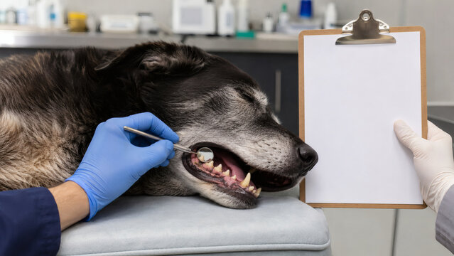 Senior Dog Dental Examination with Mirror and Blank Veterinary Record