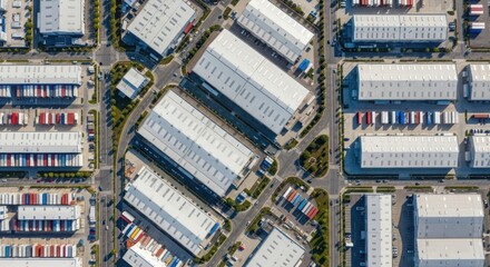 Obraz premium Expansive Urban Logistics District with Warehouses and Distribution Centers from Aerial View