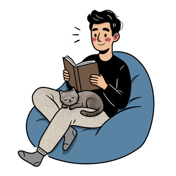 Man Reading Book with Cat Cozy Lifestyle Cartoon Illustration