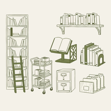Illustration of various bookcases and storage furniture pieces