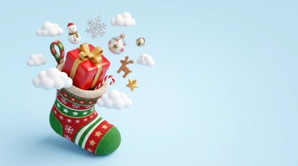 Naklejka premium Christmas Stocking with Gift Box and Floating Ornaments