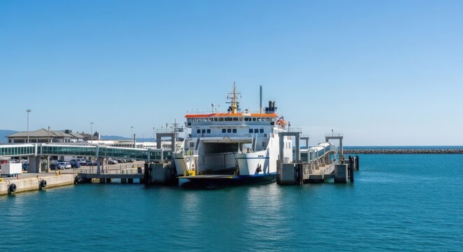 Large passenger and vehicle ferry docked at a bustling maritime terminal under a clear blue sky