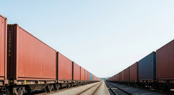 Long cargo trains carrying containers on railroad tracks under a clear blue sky.