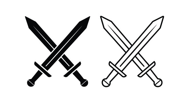 Two crossed swords presented in a black silhouette and line art style