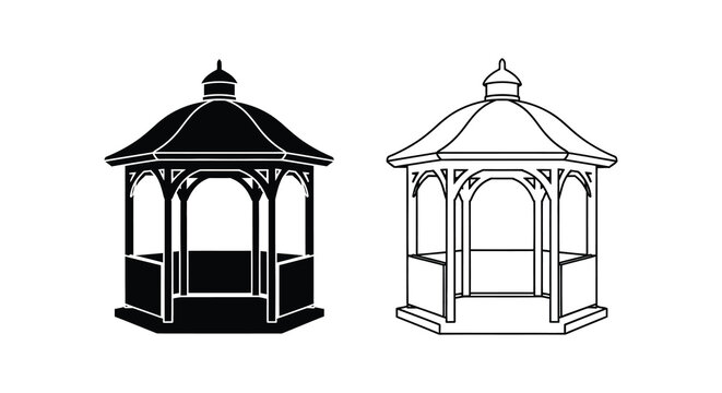 Garden gazebo structures depicted as black and white line art silhouette