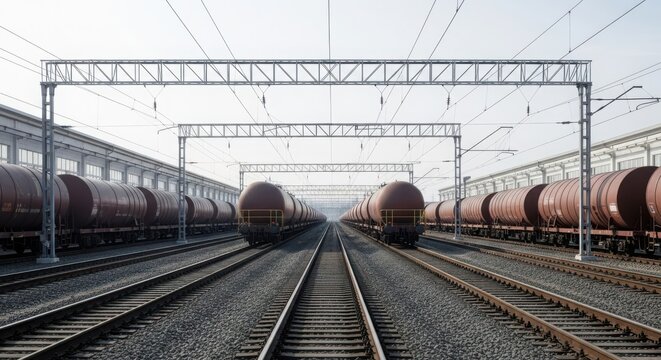 Long freight trains lined up on railway tracks under overhead power lines