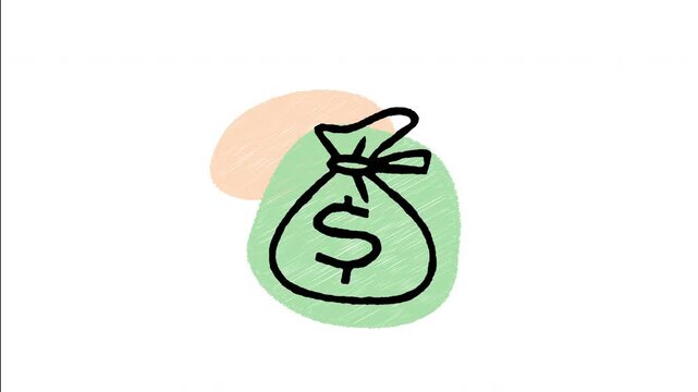 An animated hand-drawn cloth money bag tied with a rope and dollar mark. Ideal for business profit, financial savings, investment wealth, and bank deposits.