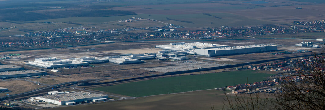 Nitra, Slovakia - March, 1, 2026 - Aerial view of Jaguar Land Rover manufacturing plant and surrounding countryside in Nitra, Slovakia