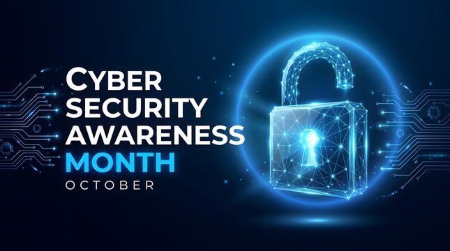 Cyber Security Awareness Month design with glowing blue padlock and digital circuit background