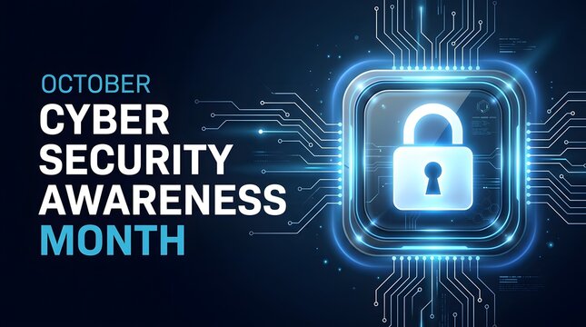 October Cyber Security Awareness Month design with padlock icon and circuit board background