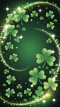St patricks day festive background with green shamrock clover leaves and glowing lights