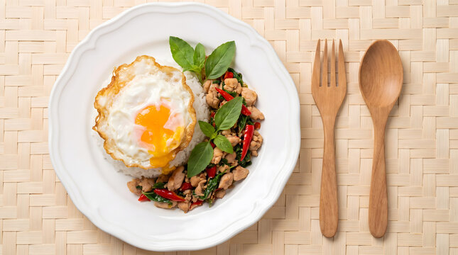 Thai Pad Krapow Minced Chicken Stir Fry with Holy Basil Fried Egg and Rice