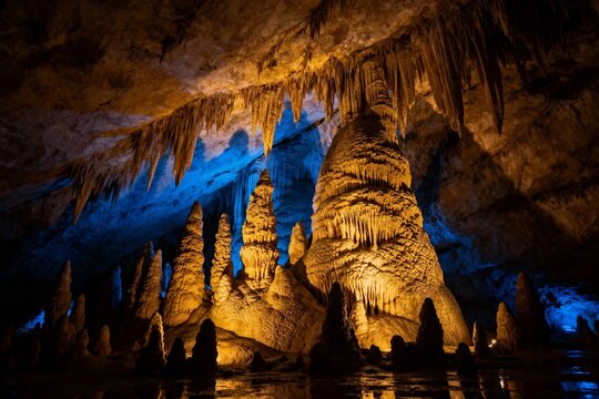 Stalactites and stalagmites in a illuminated cave with reflective water surface