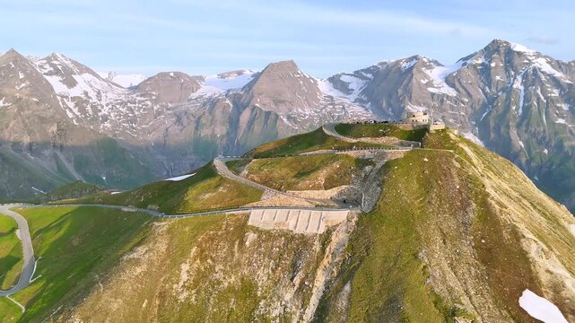 Circular Drone View of Edelweissspitze at Sunrise in Austria
