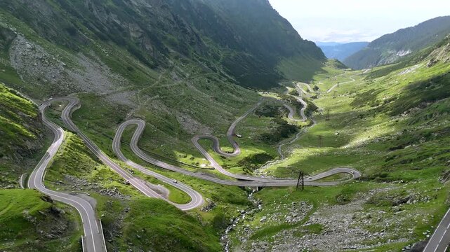 Aerial View of Transfagarasan Mountain Road and Hairpin Turns
