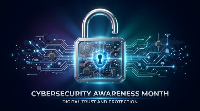 Cybersecurity awareness month concept with digital lock and circuit board data protection technology background
