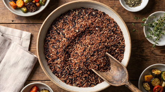 Bowl of Raw Mixed Wild and Red Rice with Wooden Scoop and Roasted Vegetables