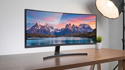 Fototapeta premium Professional curved ultrawide desktop computer monitor workstation
