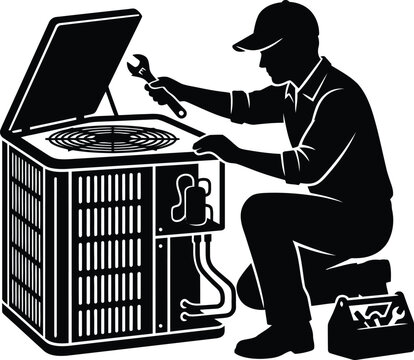 Air conditioning unit repairman working with wrench black silhouette on white background
