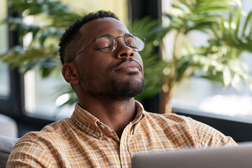 Fototapeta premium Man rests eyes closed, relaxed, in soft light. Plants frame background, adding calm, natural vibe. Casual attire, thoughtful pause, work or study break. Ideal for wellness, mindfulness