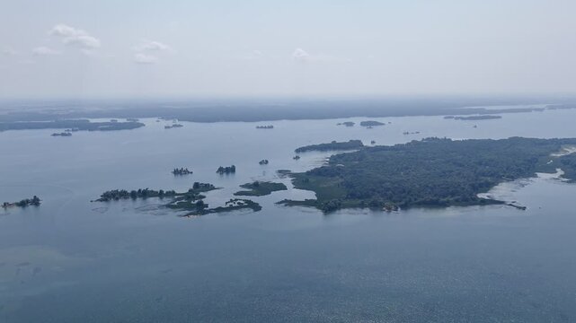 Aerial view of lush islands and blue water in the 1000 Islands region, St. Lawrence River, Canada. g
