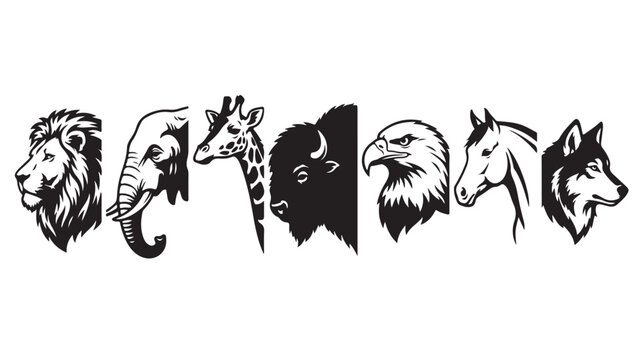 Vintage wild animal head silhouettes, set of 7 black and white wildlife icons. Hand-drawn animal portraits for logos and branding.