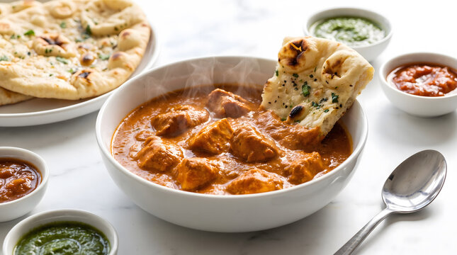 Dipping Garlic Naan Bread into Hot Spicy Butter Chicken Curry in White Bowl
