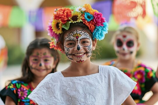 Joyful Children Celebrating Dia de los Muertos in Sugar Skull Makeup