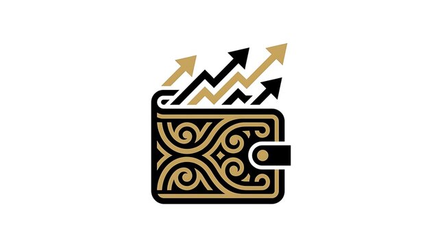 Gold and black wallet icon with upward growth arrows.