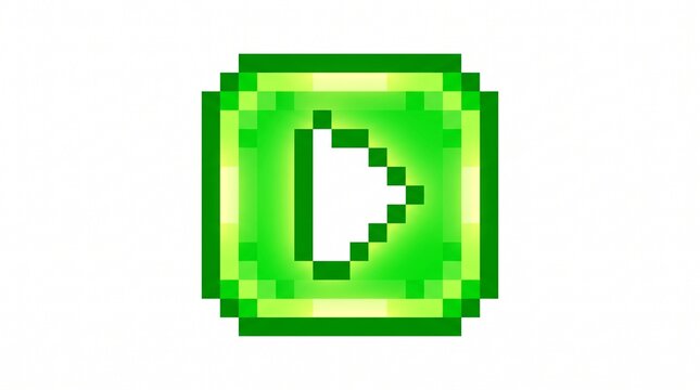 8-bit pixel art of a green play button UI interface game asset isolated on white.
