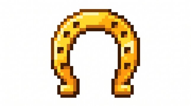 8-bit pixel art of a golden horseshoe luck and farming game asset isolated on white.