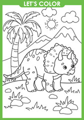 A cute line art coloring page for kids featuring a baby triceratops in a prehistoric landscape. An engaging educational activity sheet perfect for children's books, classroom handouts, and creative © Ксения Хомякова