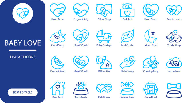 Baby love icons set. Outline vector collection of heart, crib, moon and teddy bear for parenting design