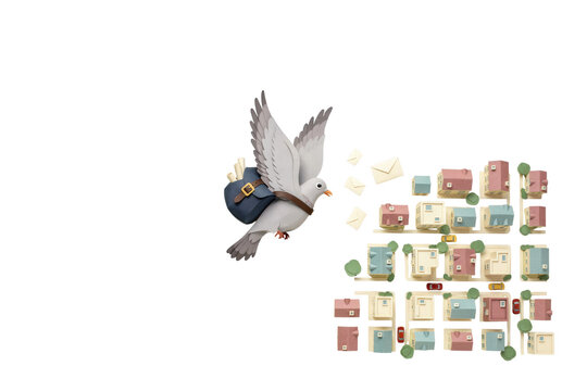 Carrier pigeon with mailbag flying above town delivering letters in a stylized 3D illustration