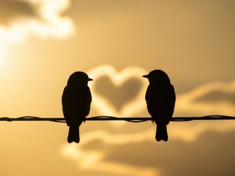 Silhouettes of two birds perched on a wire against a golden sunset sky with a heartshaped cloud formation in the background