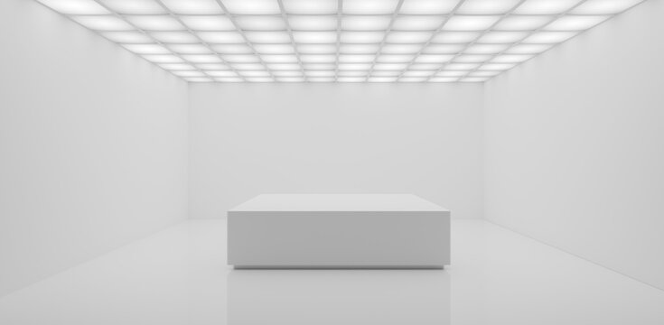 Empty modern minimal white room or art gallery indoor background, grid light ceiling, rectangular podium or dais, modern interior template