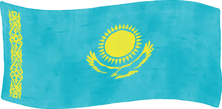Waving Kazakhstan flag illustration in watercolor style, isolated on a white background