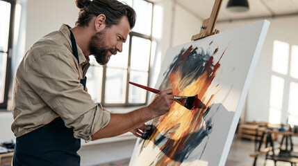 Fototapeta na wymiar Male artist creating abstract painting on canvas in art studio, expressing creativity and inspiration
