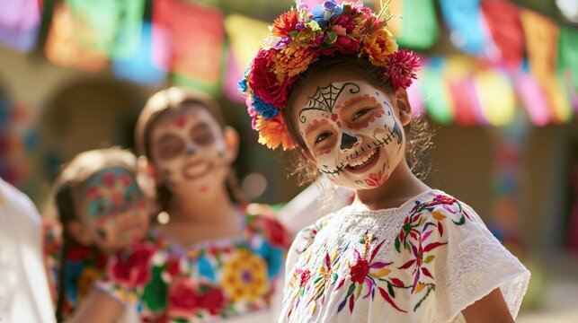 Joyful Children Celebrating Dia de los Muertos in Sugar Skull Makeup