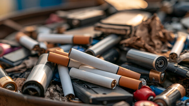 Discarded cigarettes and electronic waste mixing in a bin, showing environmental pollution and toxic litter