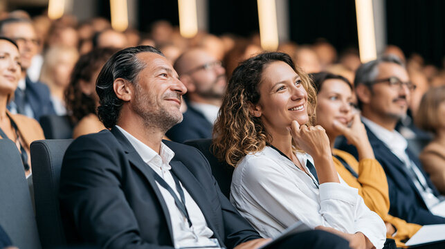 Diverse audience smiling during conference presentation in auditorium  