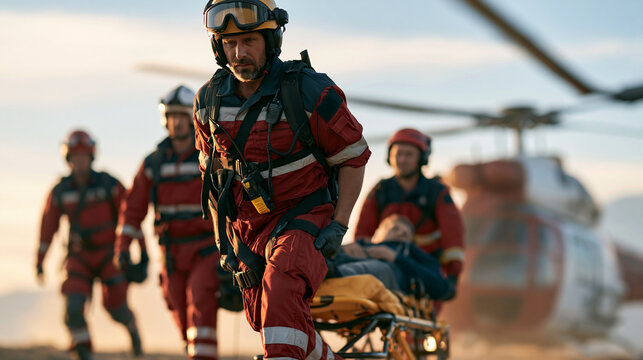 Rescue team transporting injured person on stretcher towards air ambulance helicopter for emergency medical evacuation