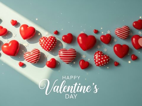 Happy valentines day greeting card with red hearts and snowflakes on a light blue background